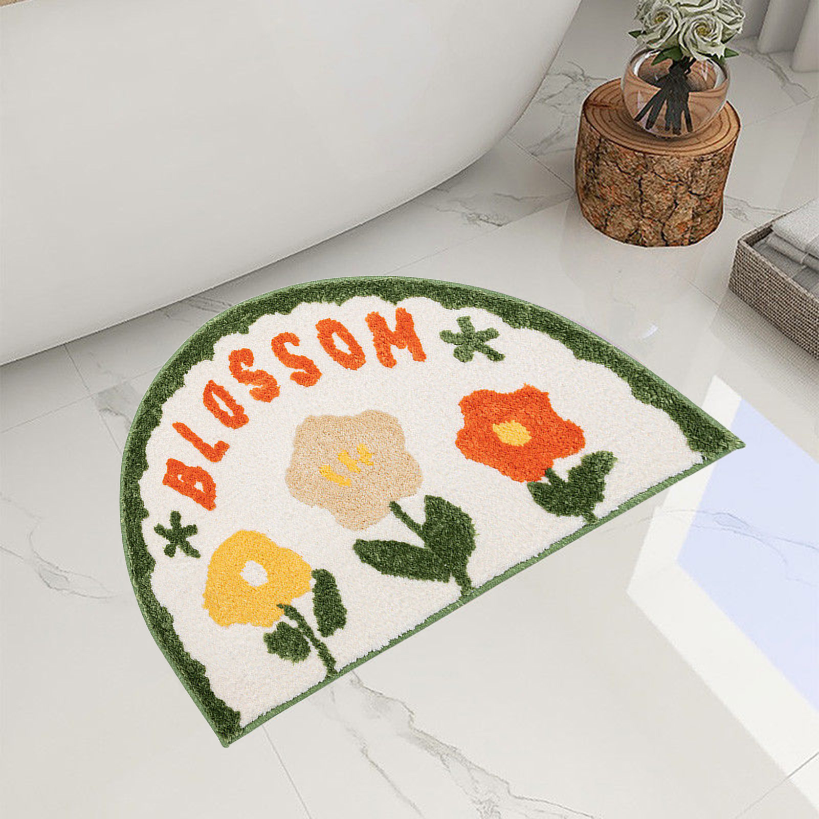 Sijiali Door Mat Flower Letter Pattern Slip-Resistant Imitated Cashmere Semi Circle Floor Cushion Home Decor_voghion.com